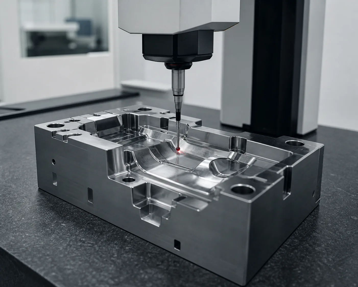 Illustration of dimensional inspection of a machined mold using a coordinate measuring machine