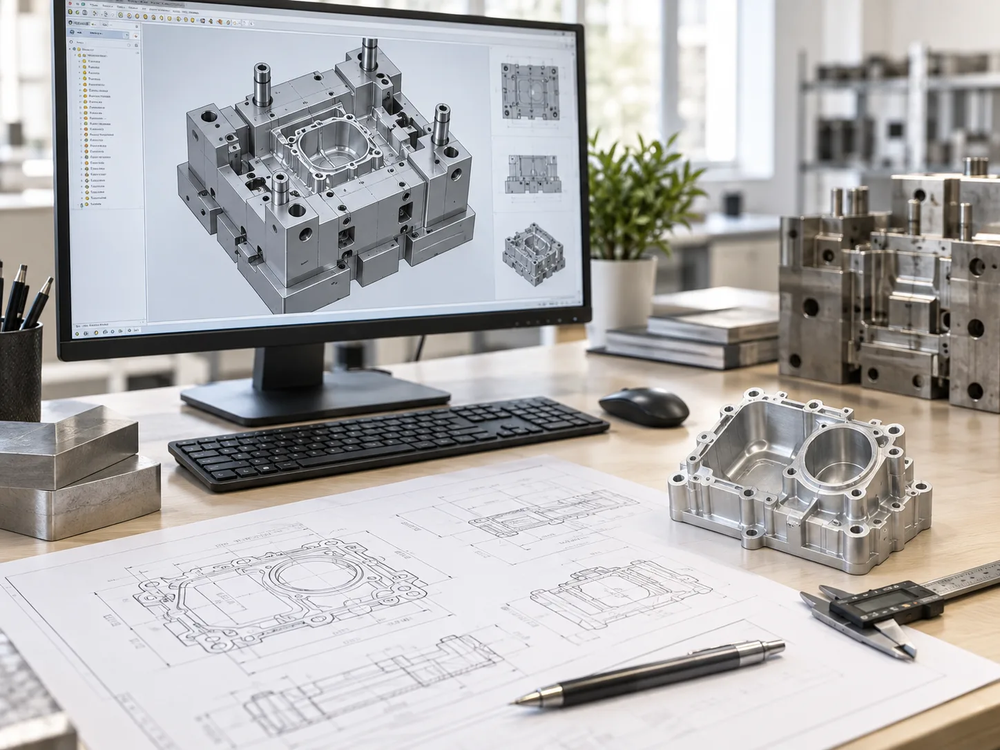 Illustration of die-casting mold CAD review with engineering drawings and a machined alloy component