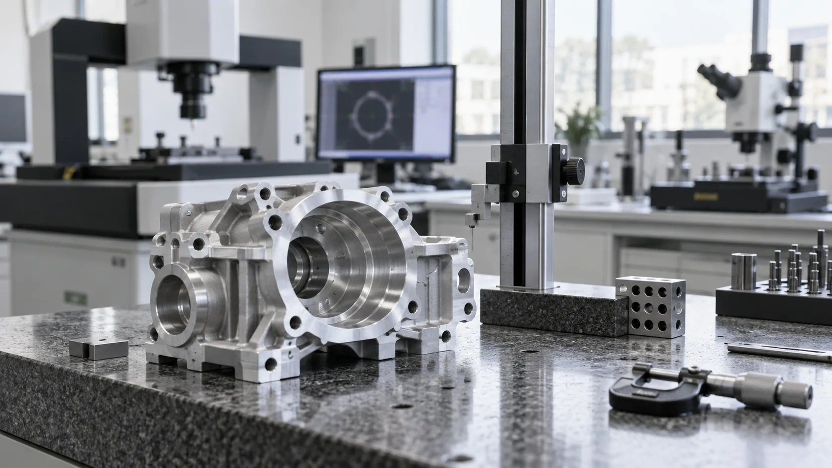 Illustration of an alloy housing being checked with precision metrology equipment