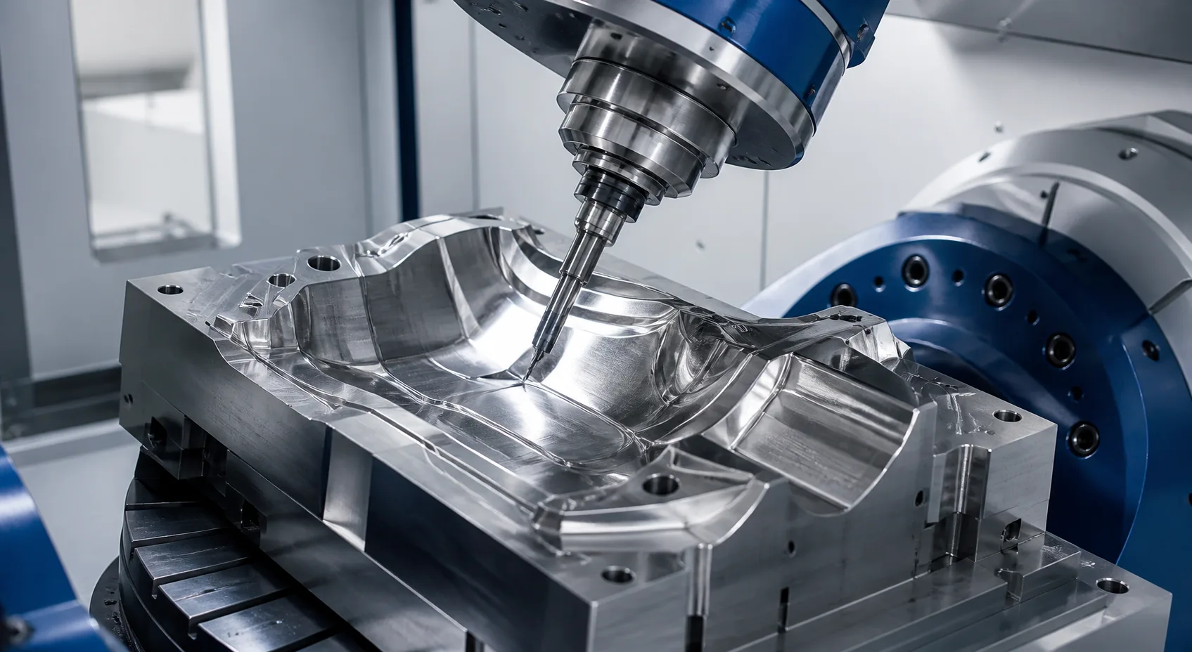 Five-axis CNC finishing a polished steel mold insert
