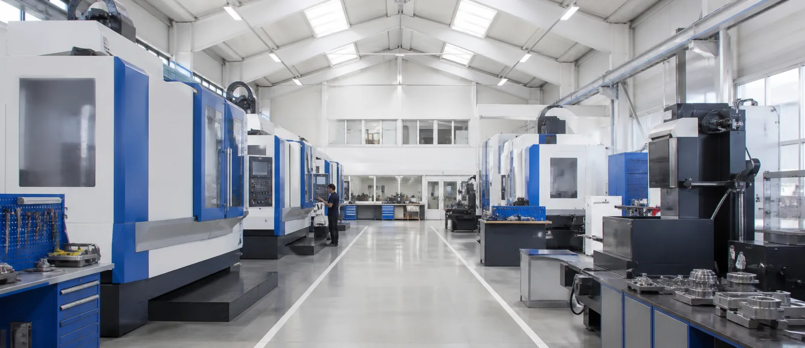 Bright modern toolroom with connected CNC and EDM equipment