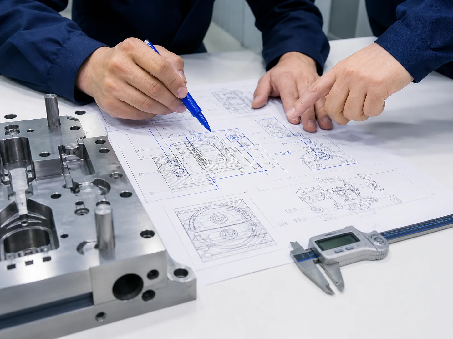 Engineers reviewing a tooling DFM drawing