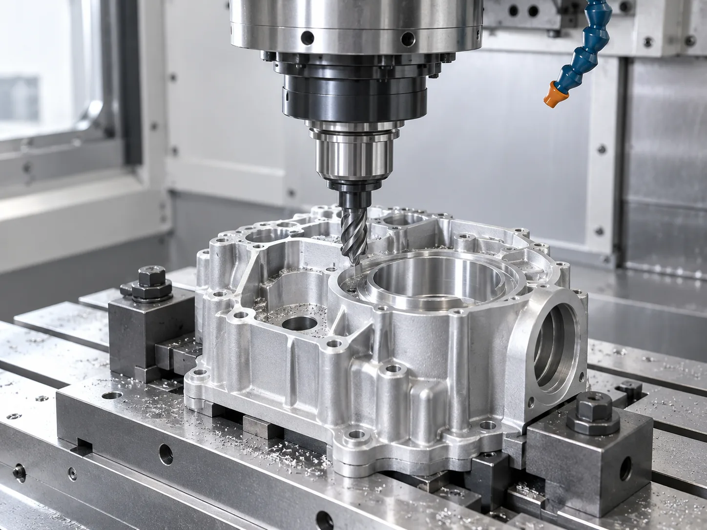 Illustration of CNC milling a securely fixtured die-cast metal housing