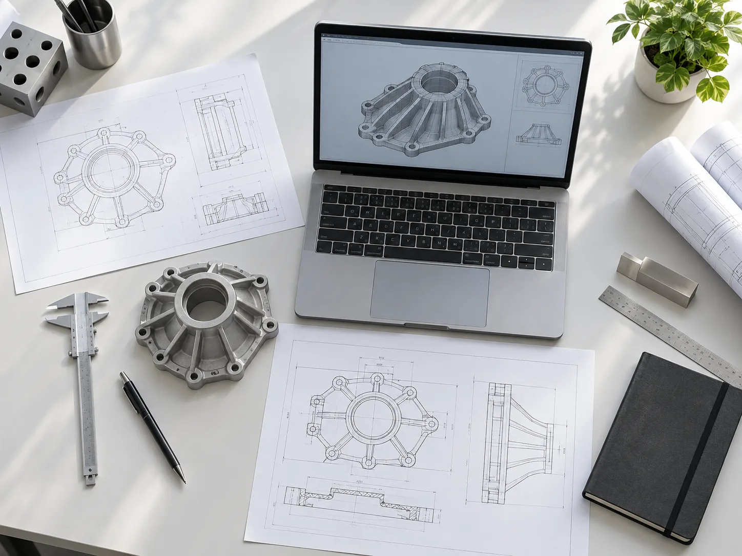 Illustration of CAD-based engineering review with drawings and a metal sample