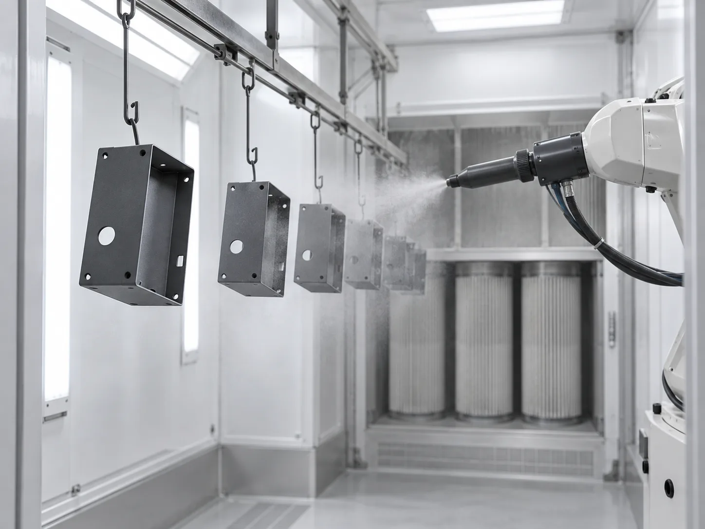 Illustration of an enclosed powder-coating process for suspended metal housings