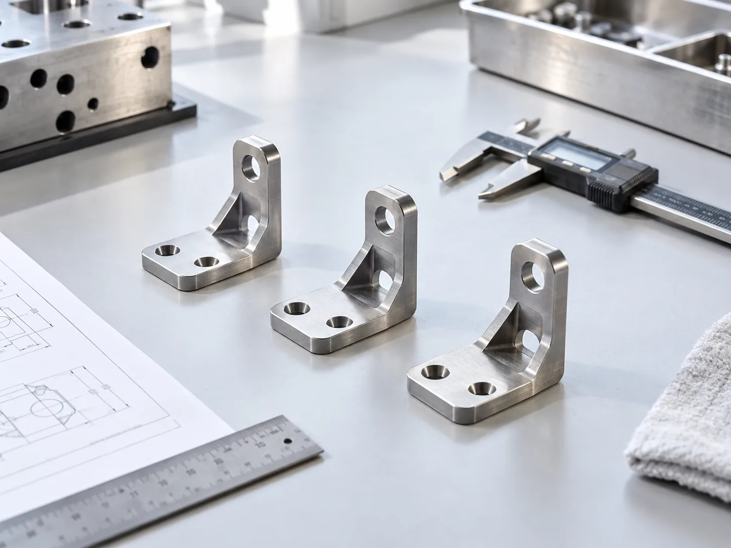 Illustration of three custom metal bracket samples beside a measuring caliper