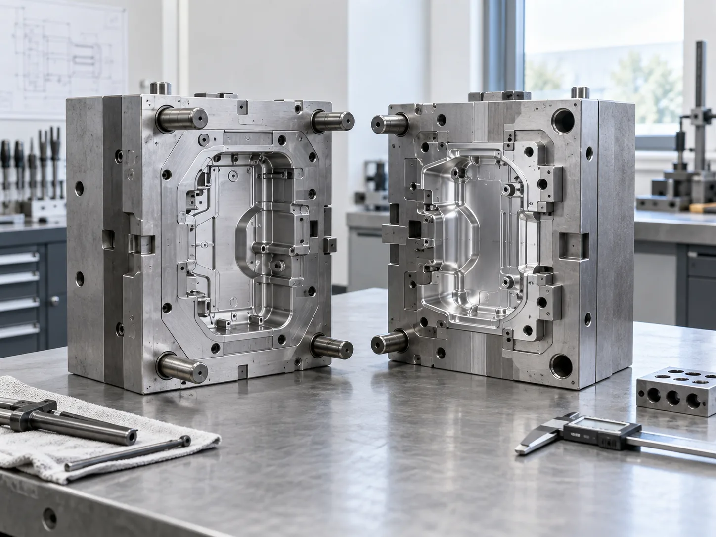 Illustration of separated precision die-casting mold halves on a toolroom bench